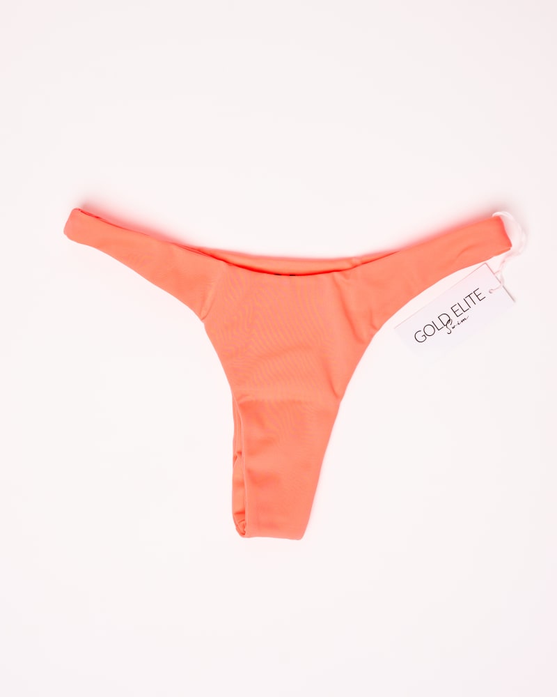 Front of a size L Cheeky Bikini Bottom in Neon Orange by Gold Elite Apparel. | dia_product_style_image_id:288256